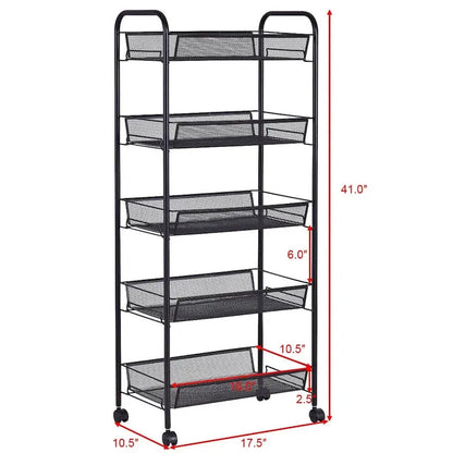 5 Tier Storage Rack Trolley Cart With Four 360 Degree Swivel Wheels - 17.5 x 10.5 x 41 (L x W x H)