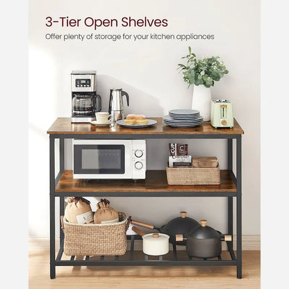 Black Metal Kitchen Shelf with Large Wooden Worktop and Adjustable Storage Racks