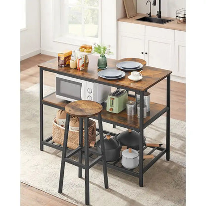 Black Metal Kitchen Shelf with Large Wooden Worktop and Adjustable Storage Racks