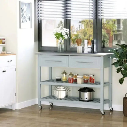Light Gray Rolling Kitchen Island 2 Drawers Storage with Stainless Steel Top - 47.25 inches L x 19.75 inches W x 36 inches H