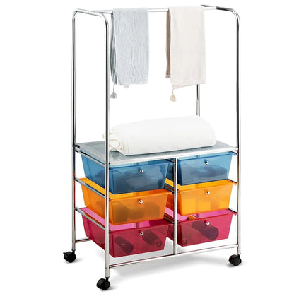 Costway 6 Drawer Rolling Storage Cart w/Hanging Bar Office School - 25 x 14.5 x 44