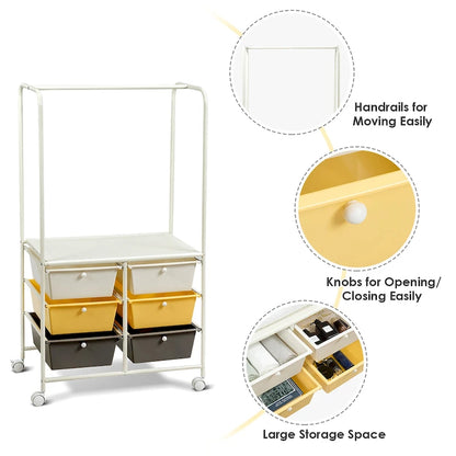 Costway 6 Drawer Rolling Storage Cart w/Hanging Bar Office School - 25 x 14.5 x 44