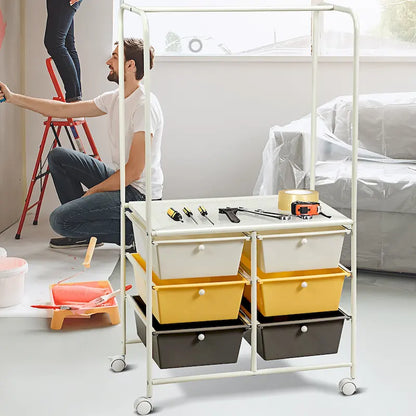 Costway 6 Drawer Rolling Storage Cart w/Hanging Bar Office School - 25 x 14.5 x 44