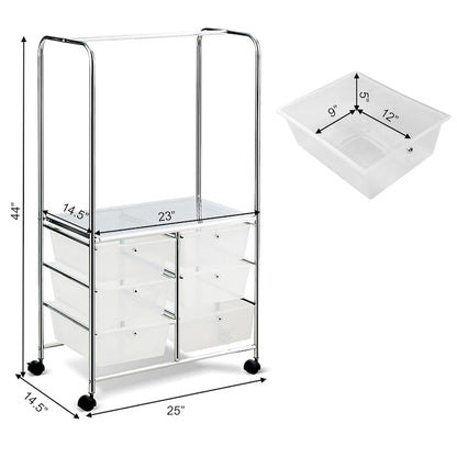 Costway 6 Drawer Rolling Storage Cart w/Hanging Bar Office School - 25 x 14.5 x 44