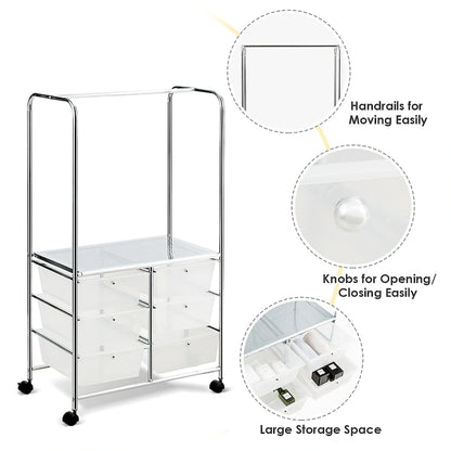 Costway 6 Drawer Rolling Storage Cart w/Hanging Bar Office School - 25 x 14.5 x 44