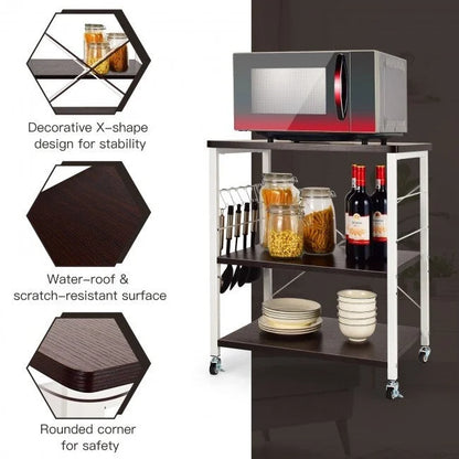 3-Tier Kitchen Baker's Rack Microwave Oven Storage Cart with Hooks - 23.5 x 16 x 29 (L x W x H)
