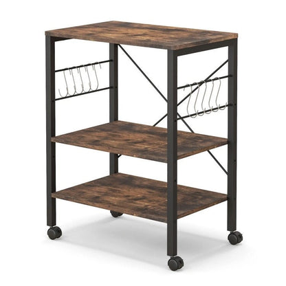 3-Tier Kitchen Baker's Rack Microwave Oven Storage Cart with Hooks - 23.5 x 16 x 29 (L x W x H)