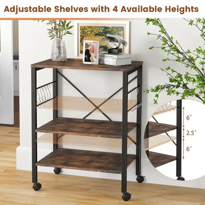 3-Tier Kitchen Baker's Rack Microwave Oven Storage Cart with Hooks - 23.5 x 16 x 29 (L x W x H)