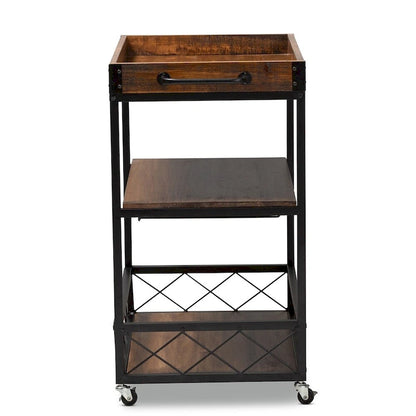 Capri Vintage Rustic Industrial Oak Brown and Black Finished Mobile Metal Bar Cart with Stemware Rack