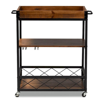 Capri Vintage Rustic Industrial Oak Brown and Black Finished Mobile Metal Bar Cart with Stemware Rack