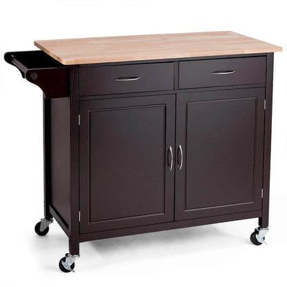 Brown Kitchen Island Storage Cart with Wood Top and Casters - 43 x 19.5 x 35.5 (L x W x H)