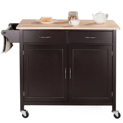 Brown Kitchen Island Storage Cart with Wood Top and Casters - 43 x 19.5 x 35.5 (L x W x H)