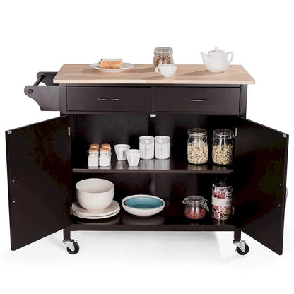 Brown Kitchen Island Storage Cart with Wood Top and Casters - 43 x 19.5 x 35.5 (L x W x H)
