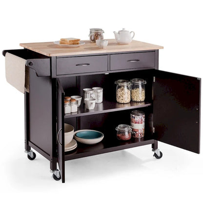 Brown Kitchen Island Storage Cart with Wood Top and Casters - 43 x 19.5 x 35.5 (L x W x H)