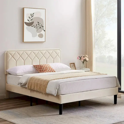 VECELO Upholstered Bed Frame with Adjustable Height Headboard, Twin/Full/Queen Size Beds, Beige