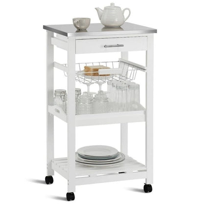 White Kitchen Cart with Storage Drawer and Stainless Steel Top - 18.5 x 14.5 x 33 ( L x W x H )