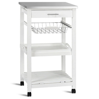 White Kitchen Cart with Storage Drawer and Stainless Steel Top - 18.5 x 14.5 x 33 ( L x W x H )