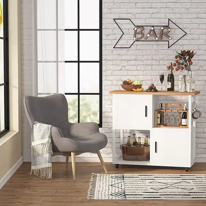 Kitchen Island with Wheels and Towel Rack, Kitchen Cart Utility Coffee Bar Cart with Shelves and Cabinet - White