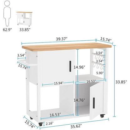 Kitchen Island with Wheels and Towel Rack, Kitchen Cart Utility Coffee Bar Cart with Shelves and Cabinet - White
