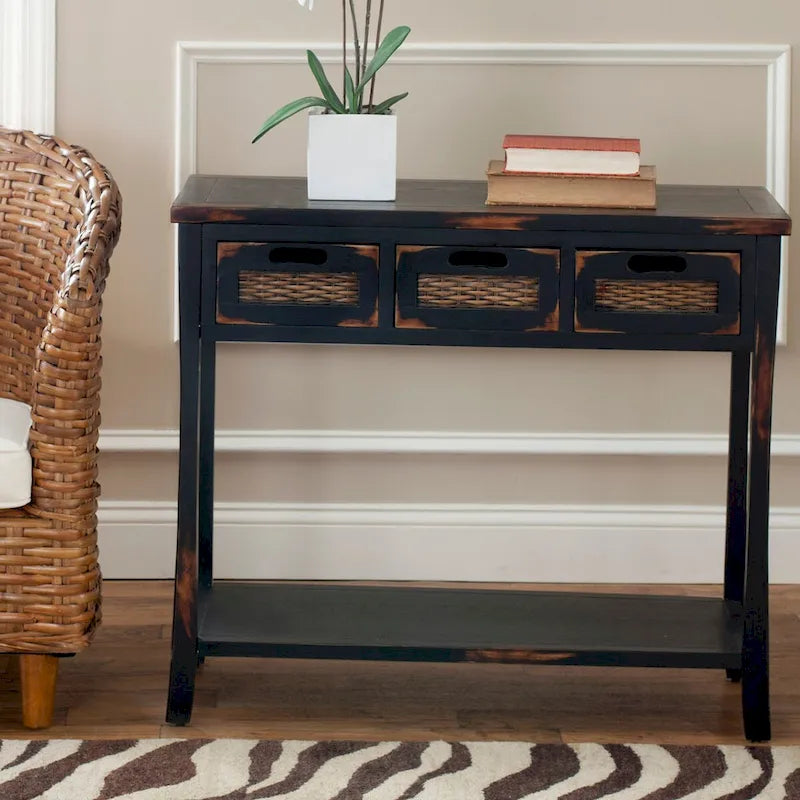 SAFAVIEH Lanie Distressed 3-Drawer Black Console Table - 34  x 14  x 30  - 34Wx14Dx30H
