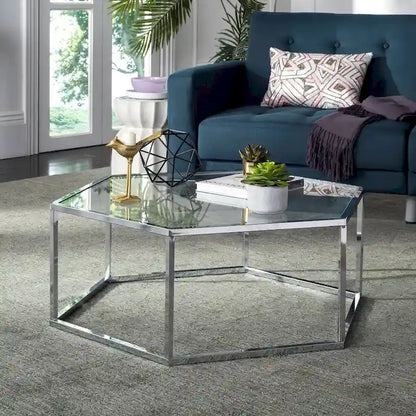 SAFAVIEH Kaycee Glass Chrome Hexagon Coffee Table - 36.2  x 31.5  x 13.8  - 36Wx32Dx14H