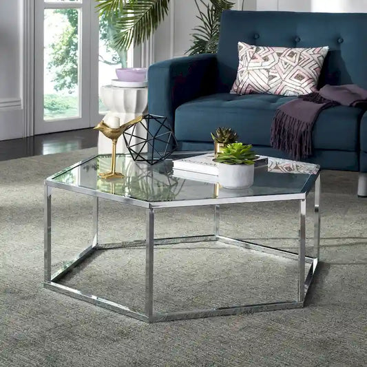 SAFAVIEH Kaycee Glass Chrome Hexagon Coffee Table - 36.2  x 31.5  x 13.8  - 36Wx32Dx14H