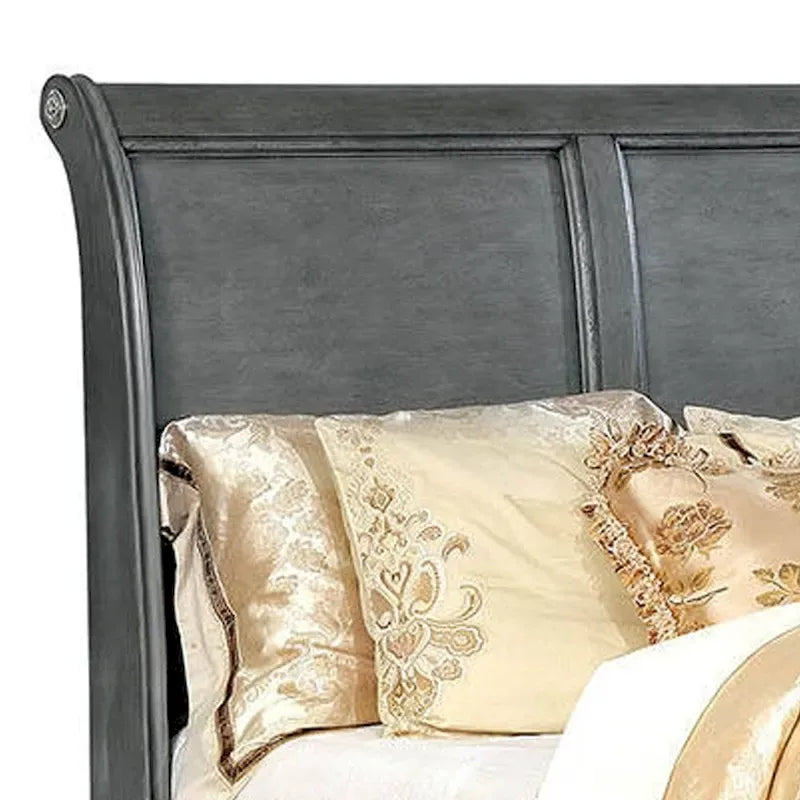 Transitional California King Wooden Bed with Multiple Bottom Drawers, Gray