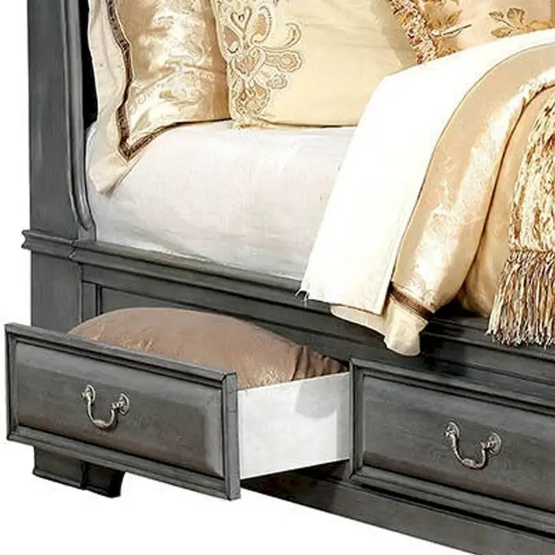 Transitional California King Wooden Bed with Multiple Bottom Drawers, Gray