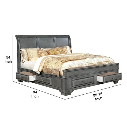 Transitional California King Wooden Bed with Multiple Bottom Drawers, Gray