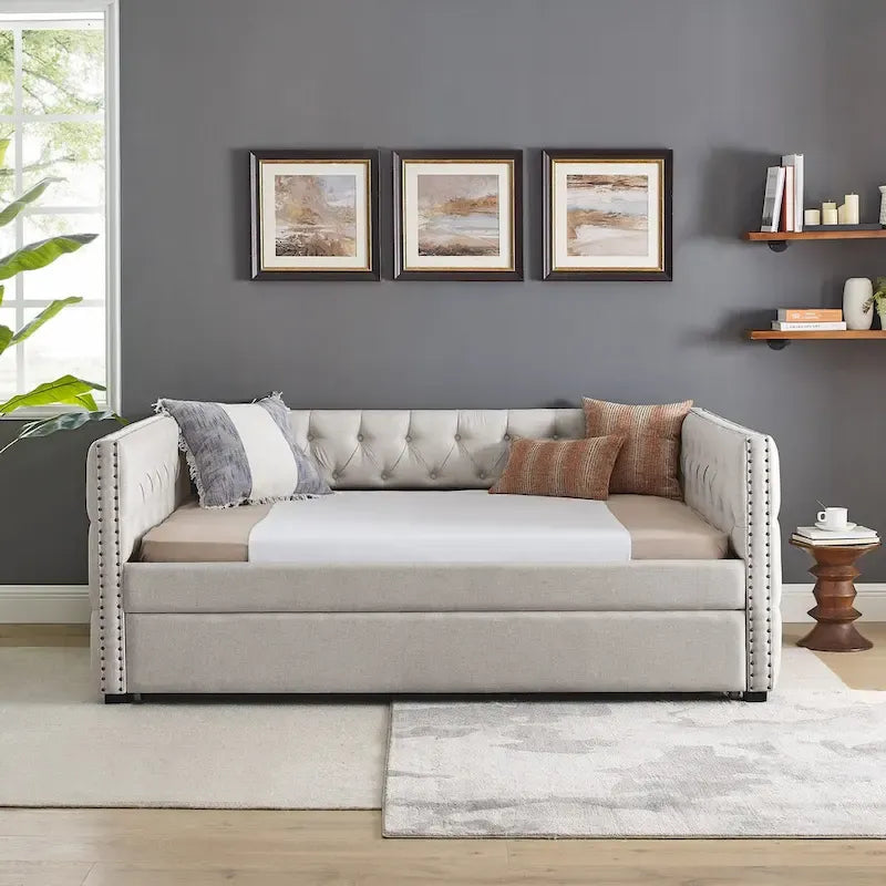 Full Size Upholstered Daybed Sofa Bed with Twin Size Trundle