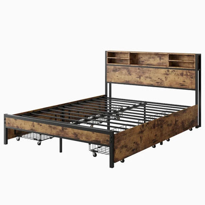 Queen Bed Frame with Storage Headboard and 4 Drawers