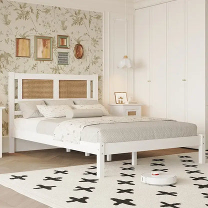 Full Size Wooden Platform Bed with Natural Rattan Headboard