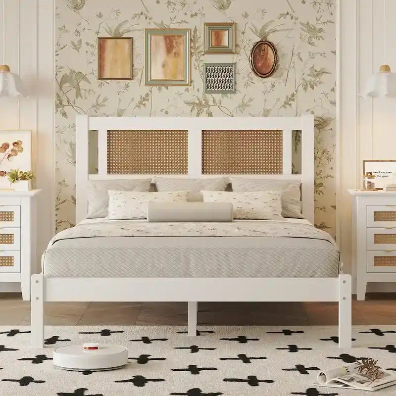 Full Size Wooden Platform Bed with Natural Rattan Headboard