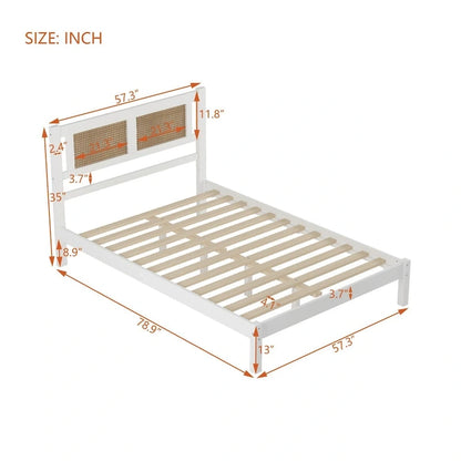 Full Size Wooden Platform Bed with Natural Rattan Headboard