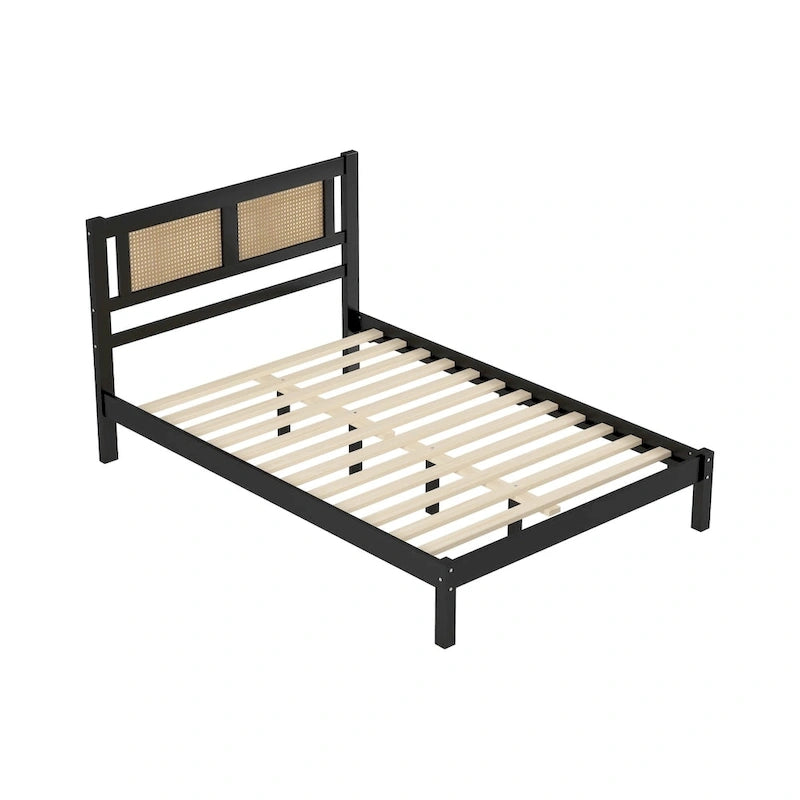 Full Size Wooden Platform Bed with Natural Rattan Headboard