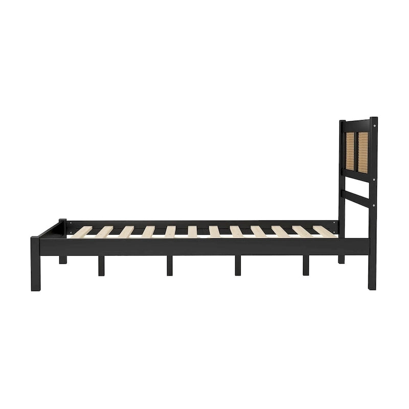Full Size Wooden Platform Bed with Natural Rattan Headboard