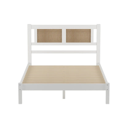 Full Size Wooden Platform Bed with Natural Rattan Headboard