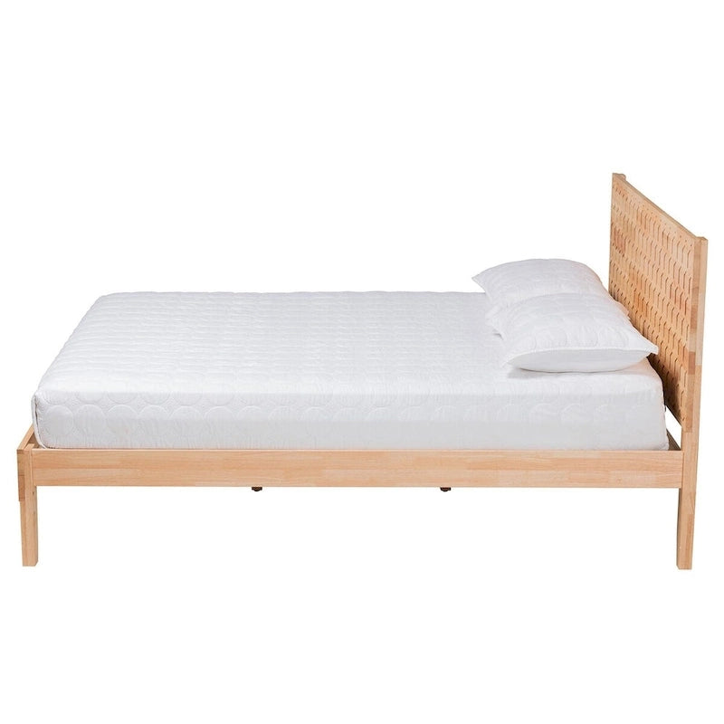 Natural Wood Queen Platform Bed with Honeycomb Headboard