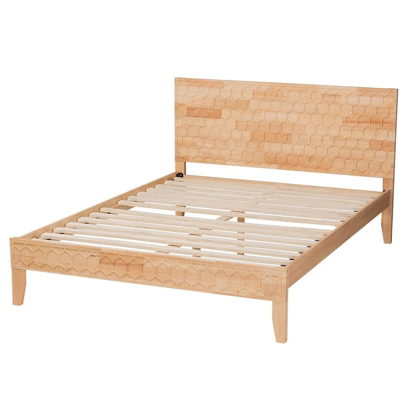 Natural Wood Queen Platform Bed with Honeycomb Headboard