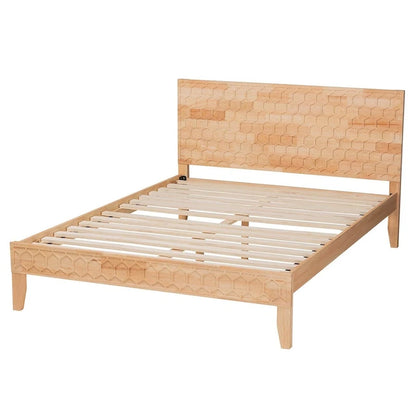 Natural Wood Queen Platform Bed with Honeycomb Headboard
