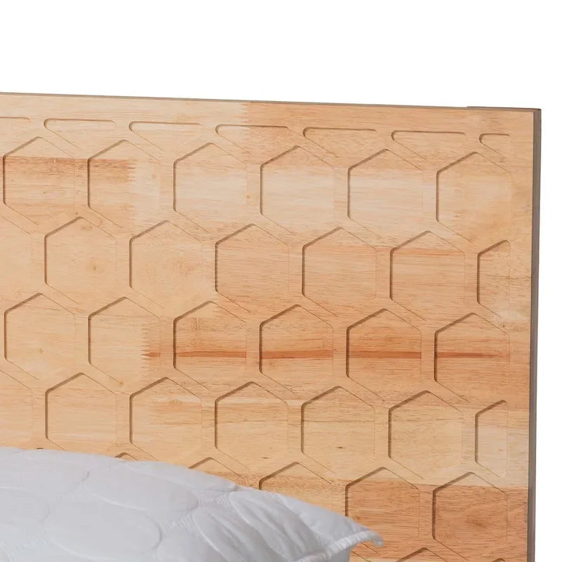 Natural Wood Queen Platform Bed with Honeycomb Headboard