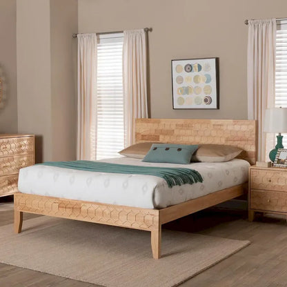 Natural Wood Queen Platform Bed with Honeycomb Headboard