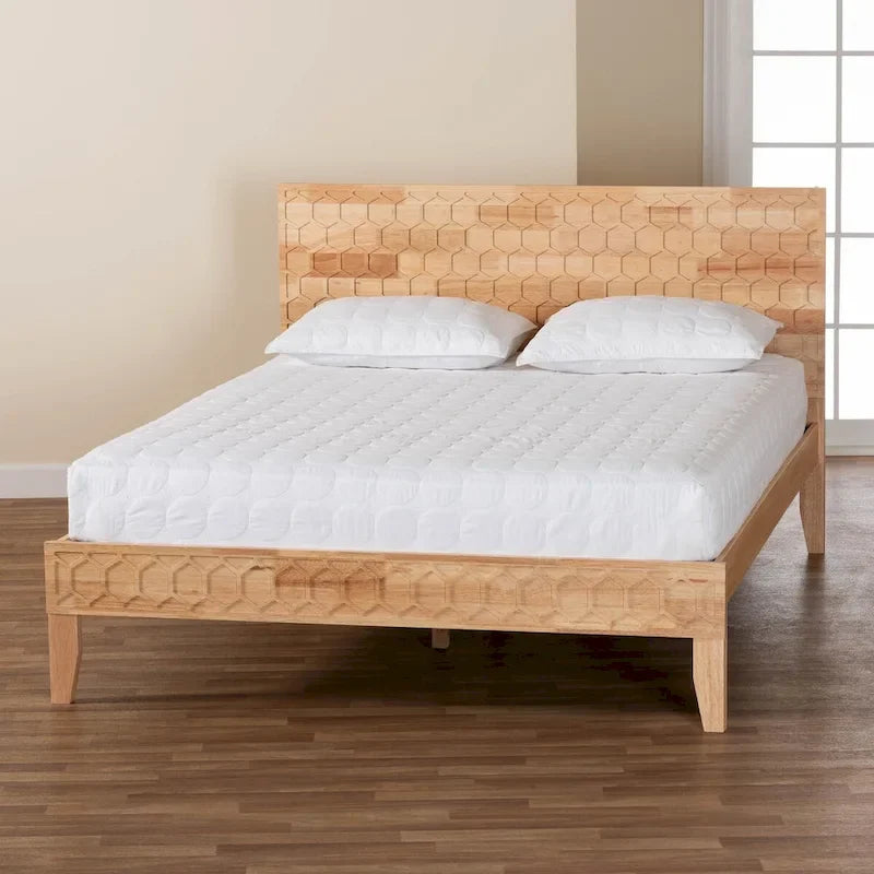 Natural Wood Queen Platform Bed with Honeycomb Headboard