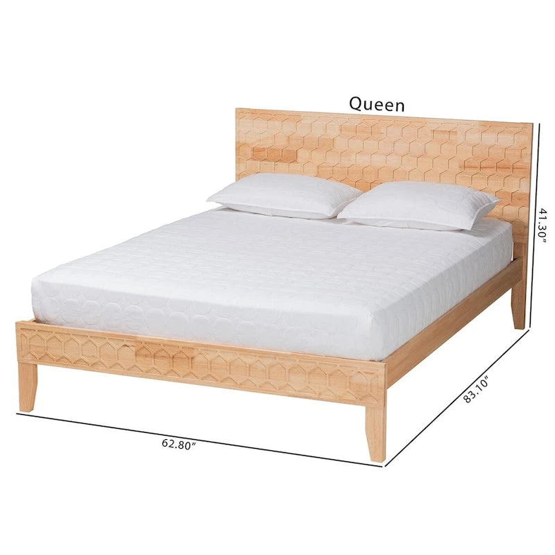 Natural Wood Queen Platform Bed with Honeycomb Headboard