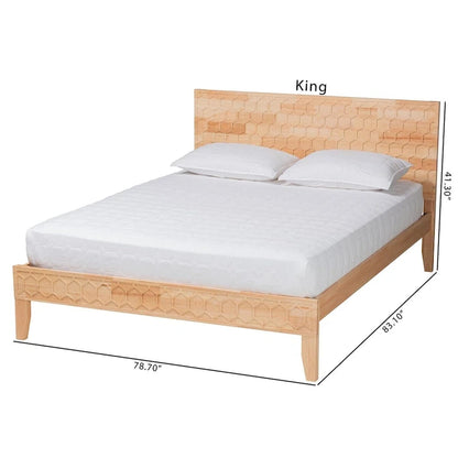 Natural Wood Queen Platform Bed with Honeycomb Headboard