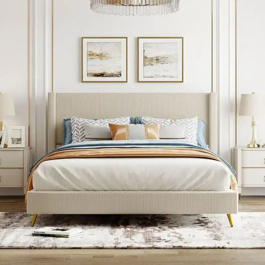 Queen Size Corduroy Platform Bed with Metal Legs