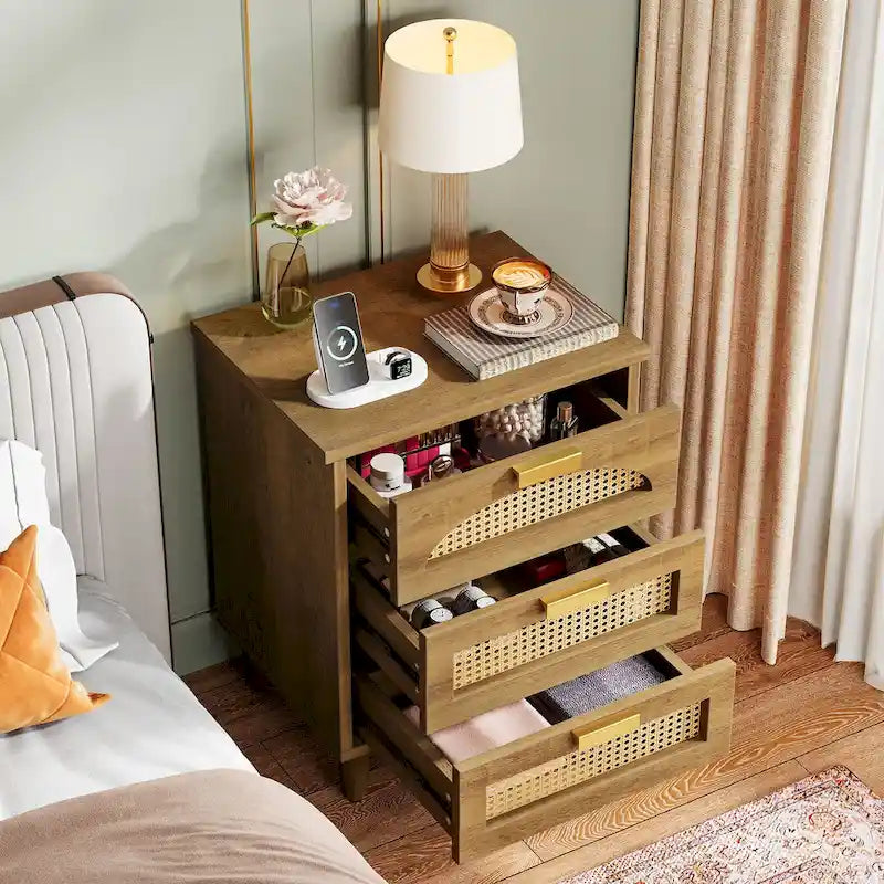 Wood/ Rattan Nightstand Bedside Table with 3-drawer