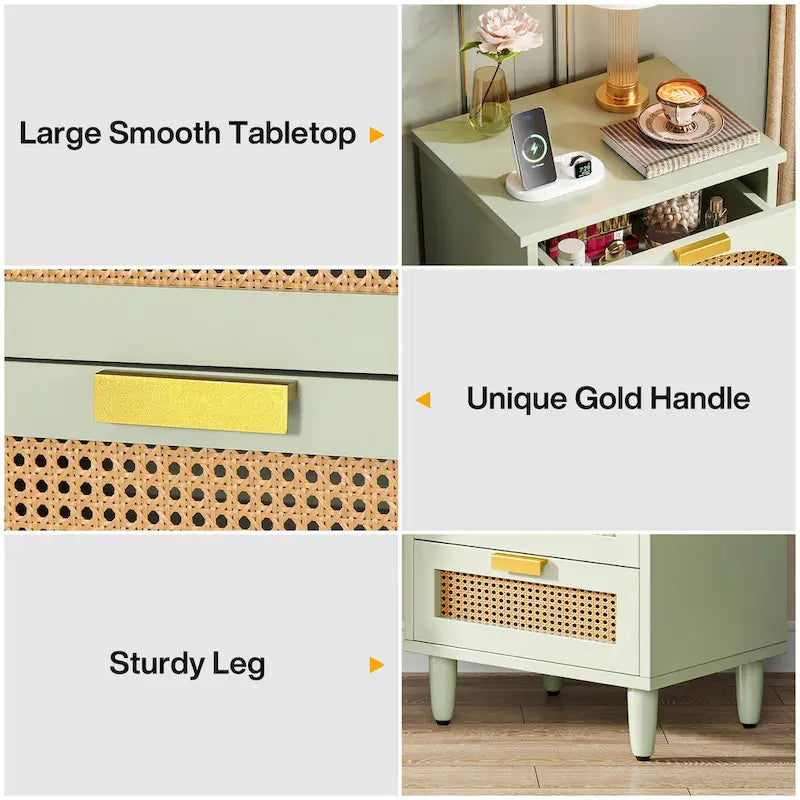 Wood/ Rattan Nightstand Bedside Table with 3-drawer