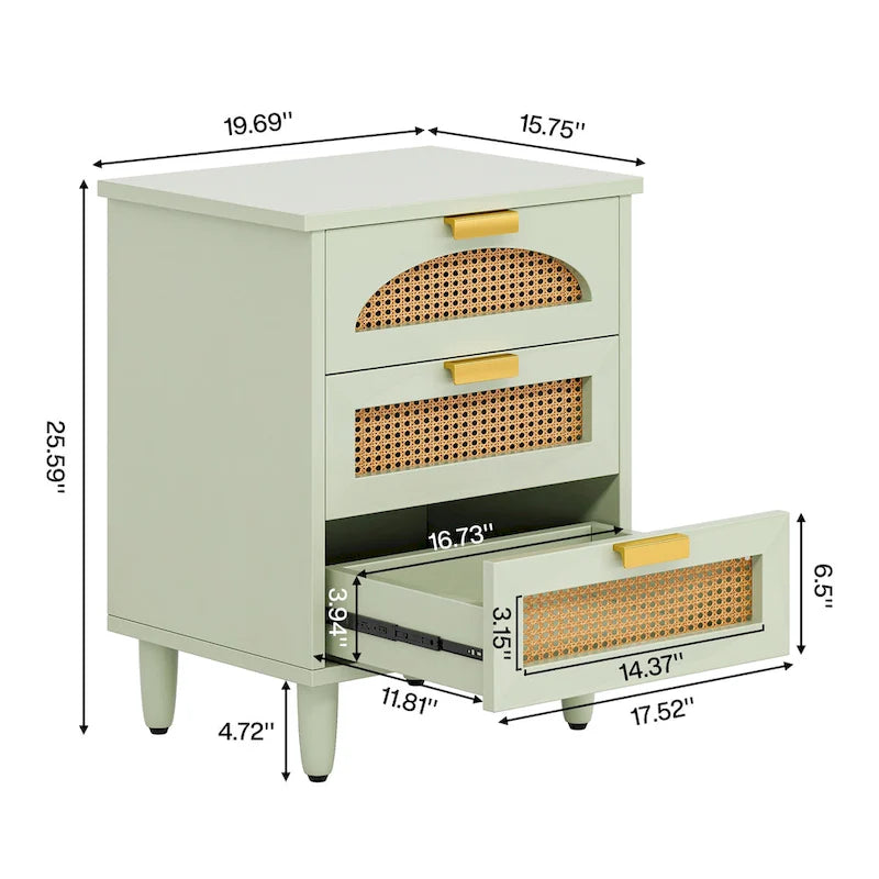 Wood/ Rattan Nightstand Bedside Table with 3-drawer