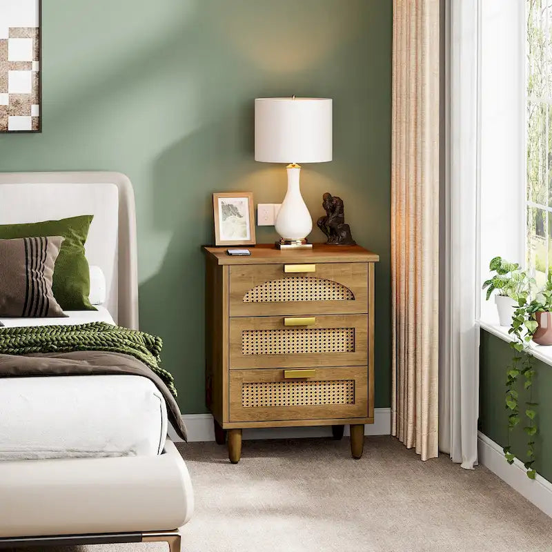 Wood/ Rattan Nightstand Bedside Table with 3-drawer